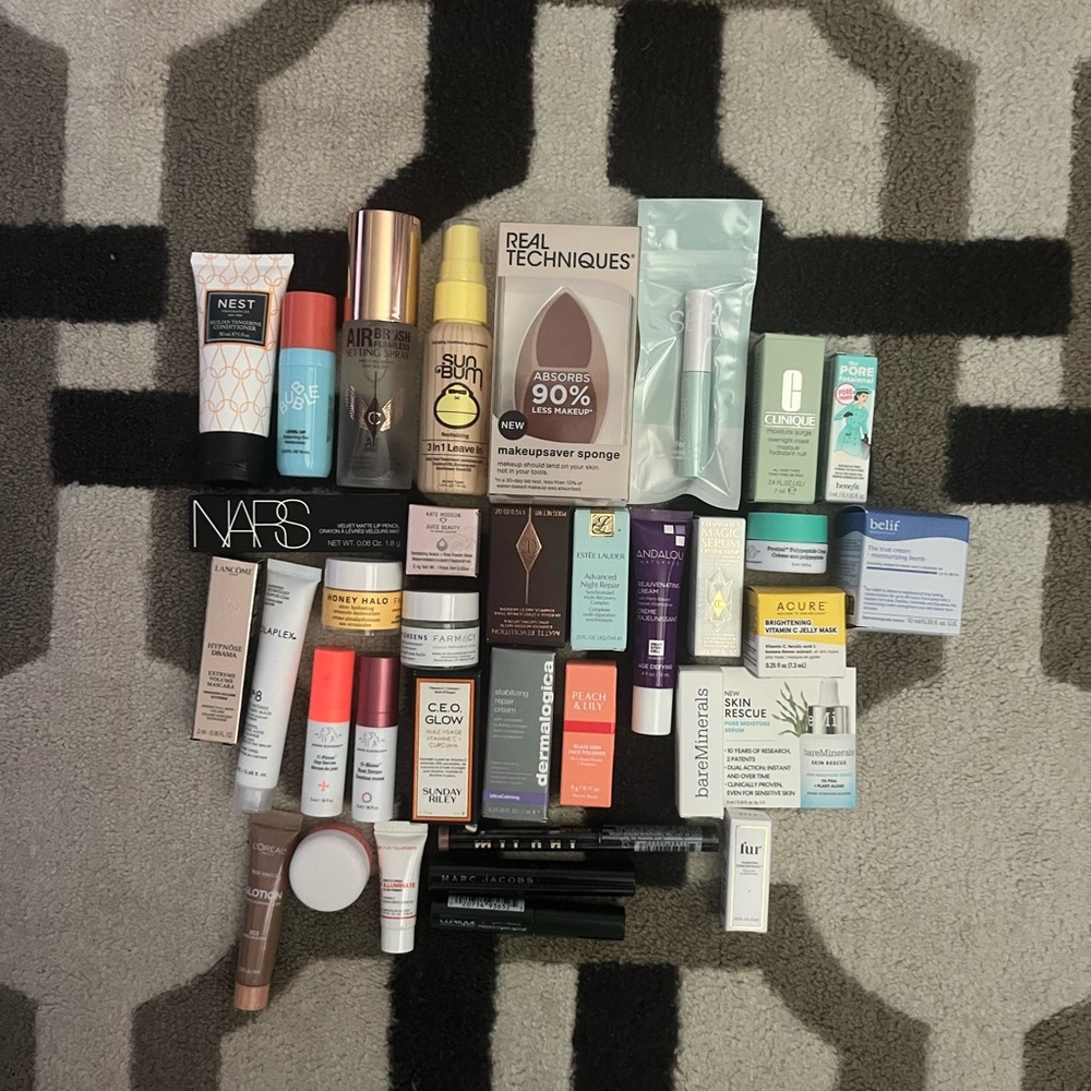 Brand new huge lot of deluxe travel size skincare,mascara,hair products